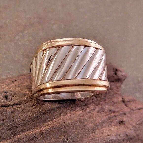 David Yurman 14k & Sterling Ribbed Cigar Band Ring - Picture 5 of 14